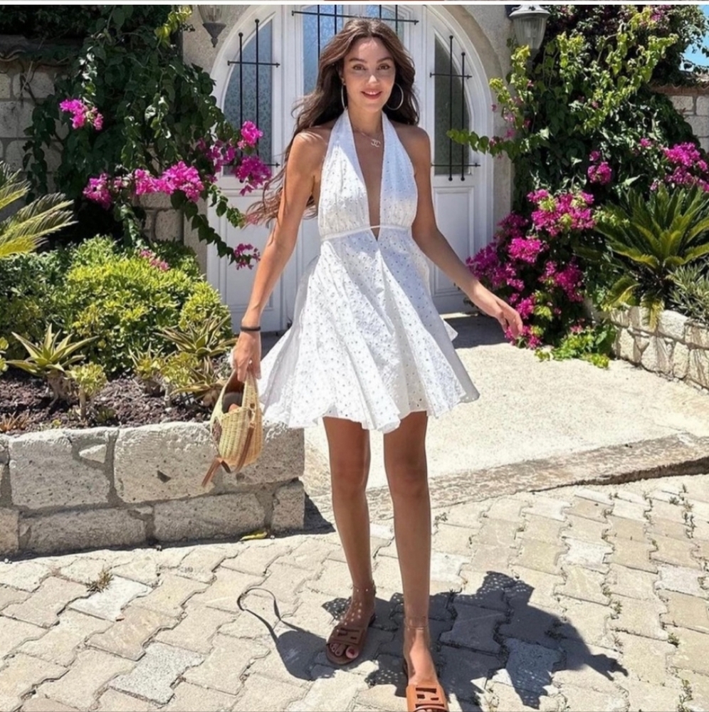 ZARA EMBROIDERED EYELET HALTER DRESS SIZE L XL WHITE - Picture 5 of 12